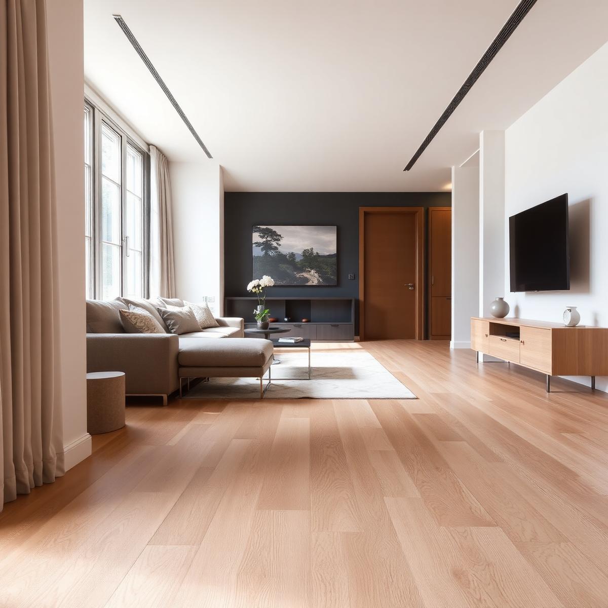 Newly installed light oak laminate flooring in a Swiss apartment