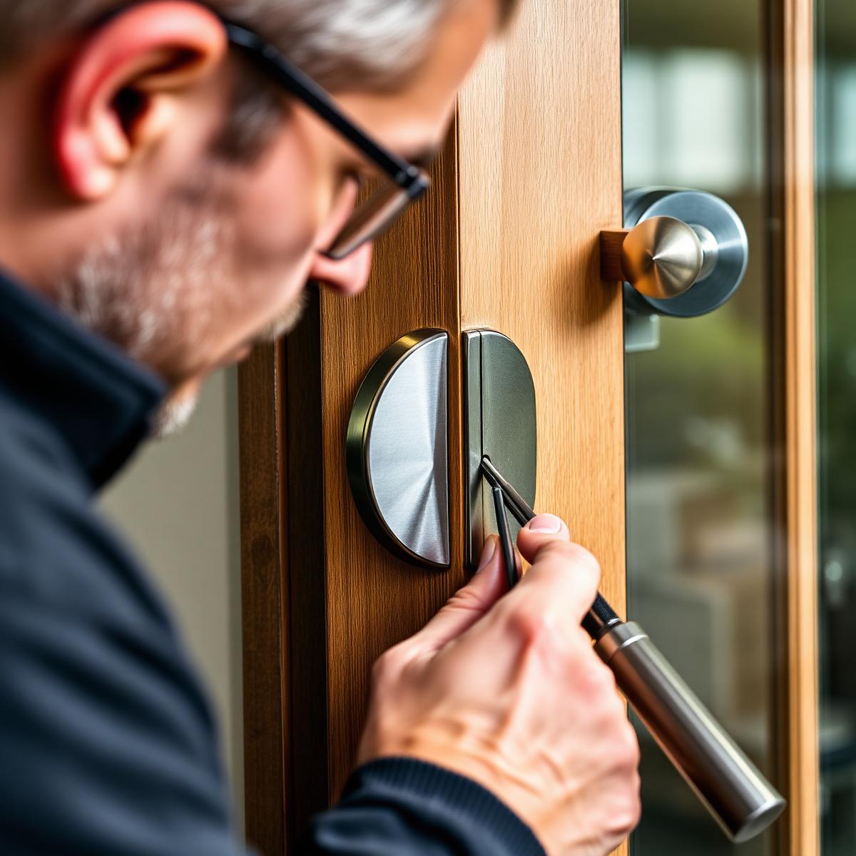 Professional handyman servicing a modern door lock