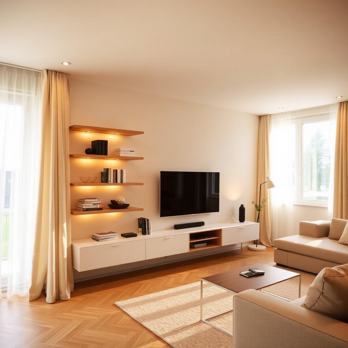 Beautifully finished Swiss living room with mounted TV and shelving
